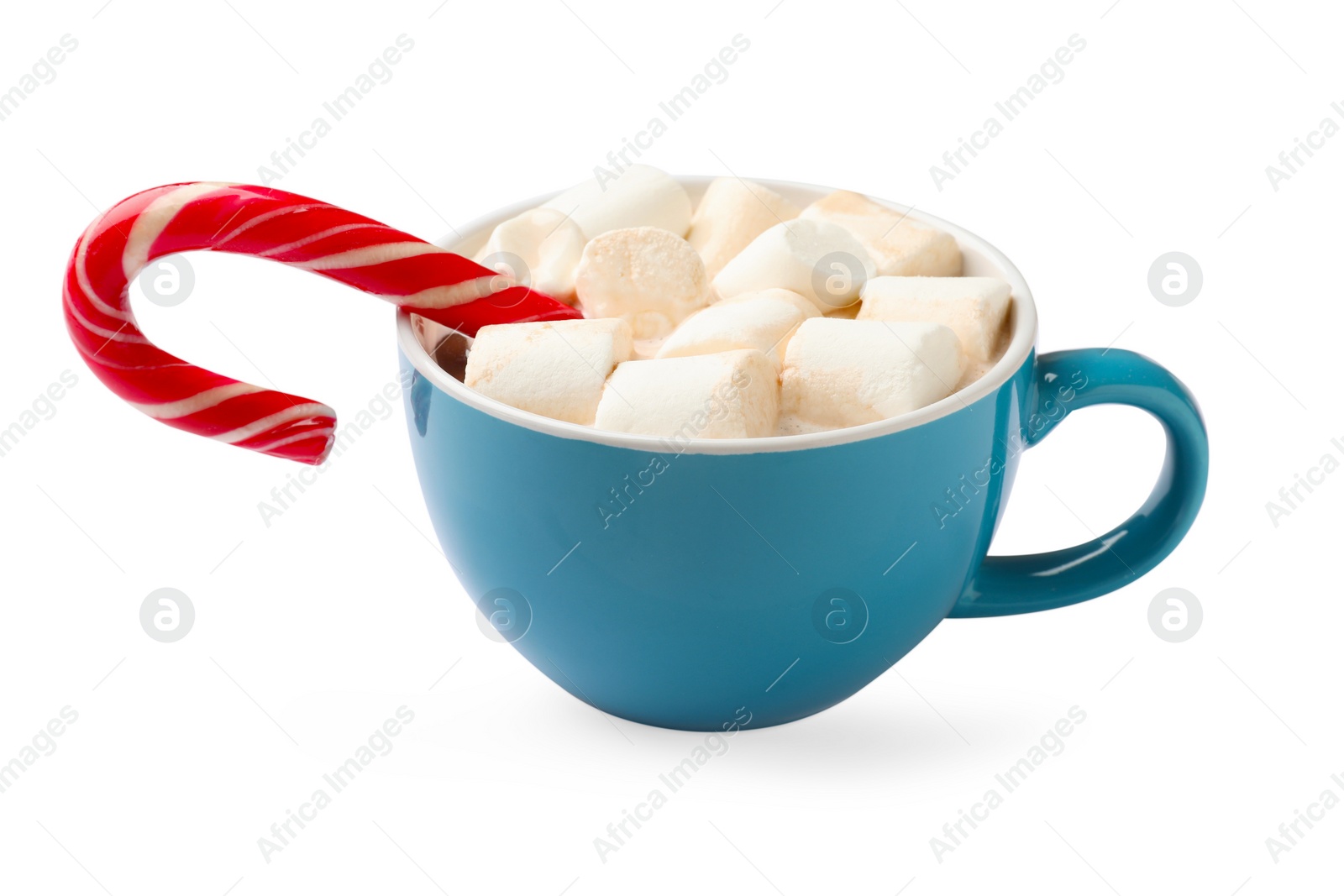 Photo of Tasty hot chocolate with marshmallows and candy cane isolated on white