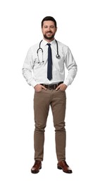 Photo of Portrait of happy doctor with stethoscope on white background