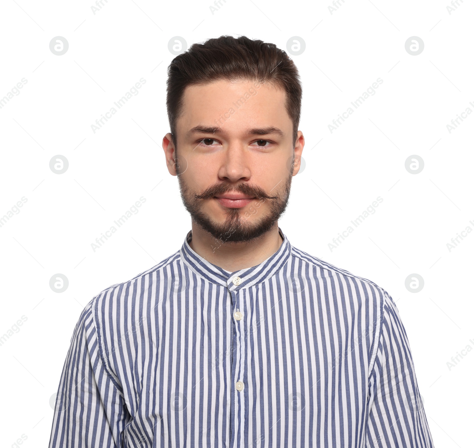 Photo of Handsome man in striped shirt on white background