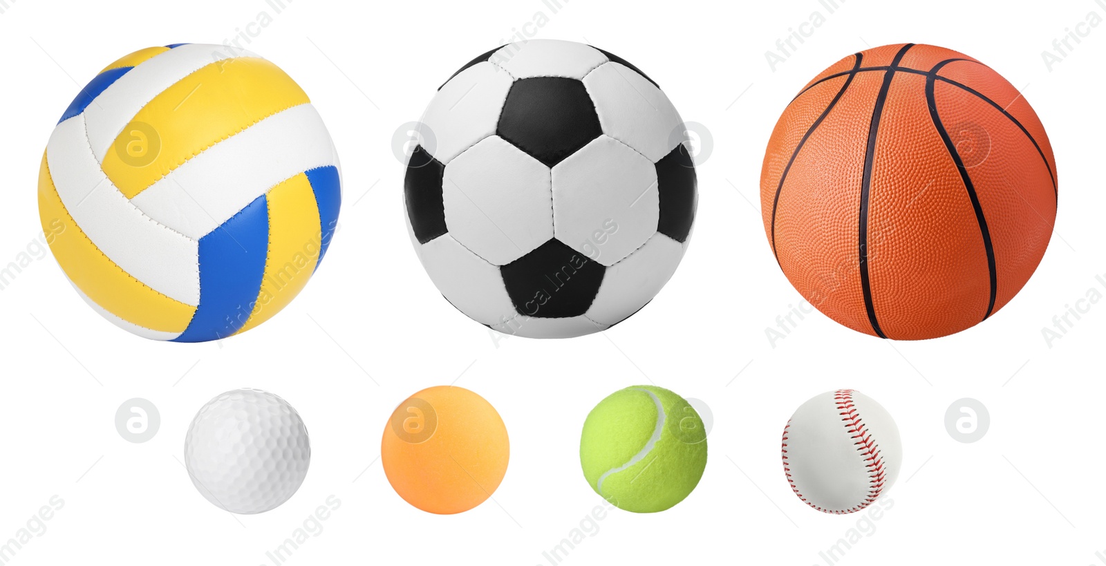 Image of Set with different sport balls on white background