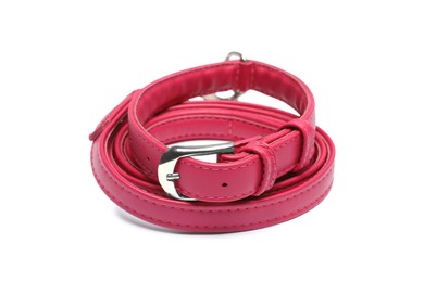 Photo of Red leather dog leash isolated on white, closeup