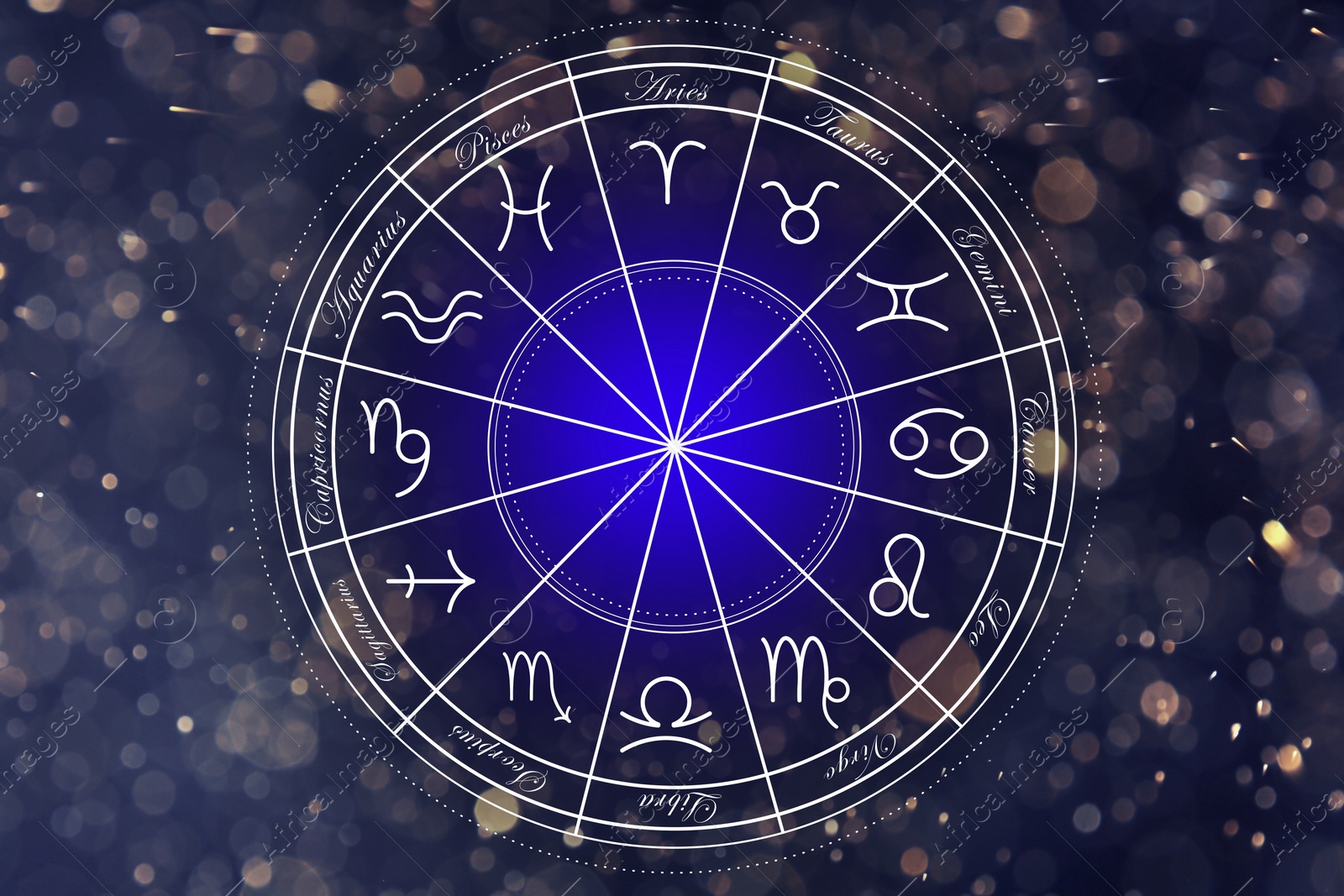 Image of Zodiac wheel with symbols and names against space