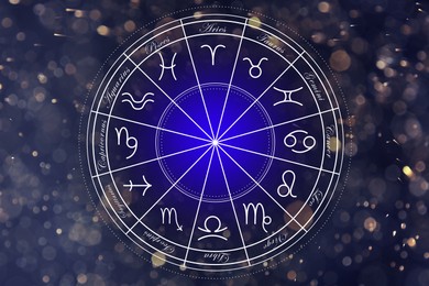 Image of Zodiac wheel with symbols and names against space