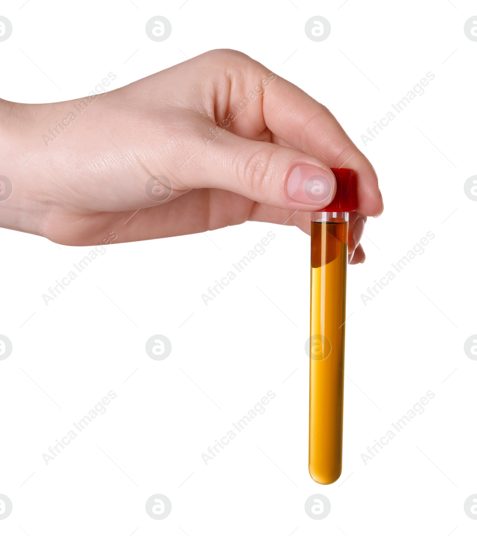 Photo of Woman holding test tube with brown liquid on white background, closeup