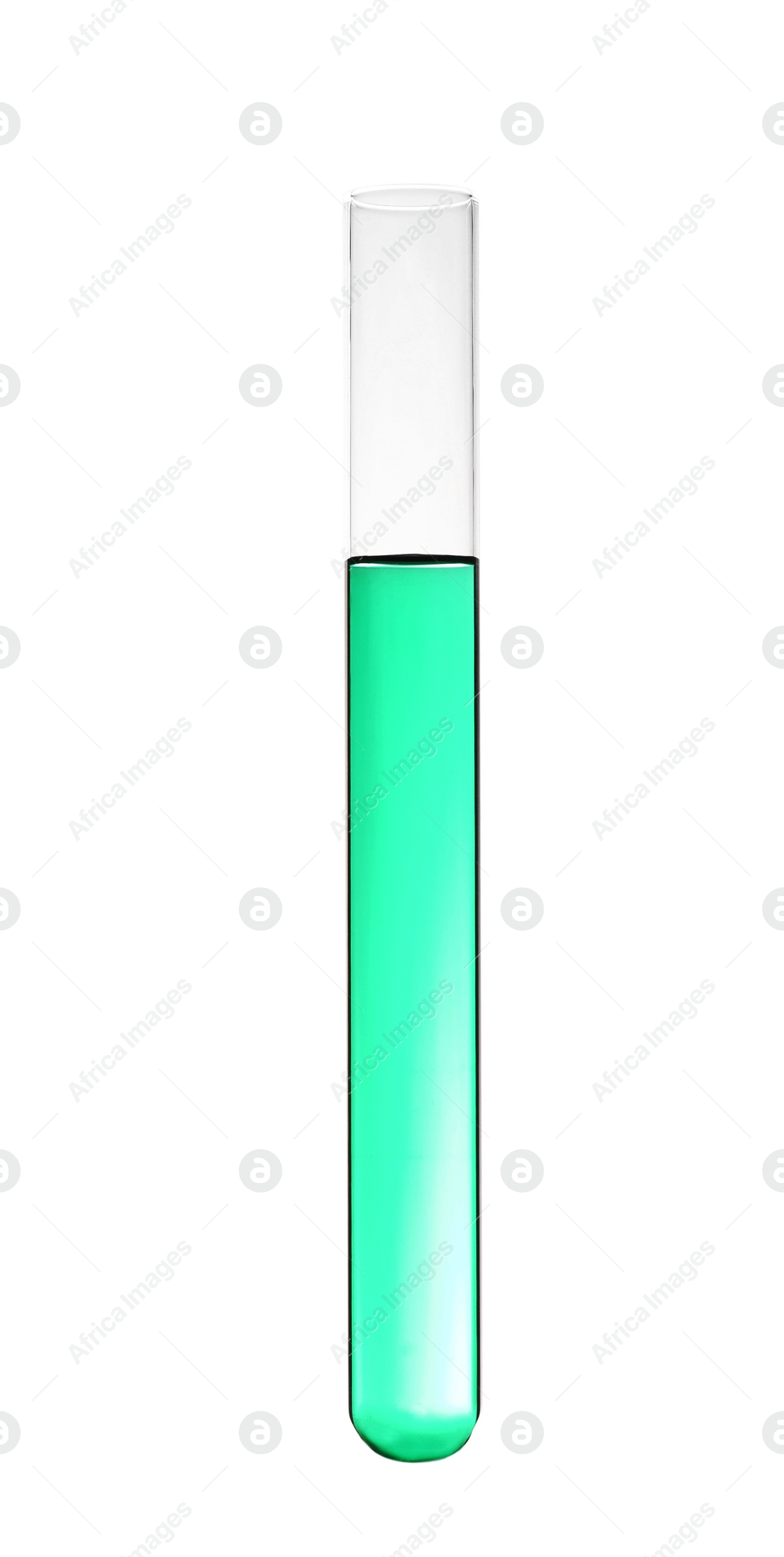 Photo of Test tube with color liquid on white background. Solution chemistry