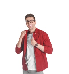 Handsome young man smiling on white background