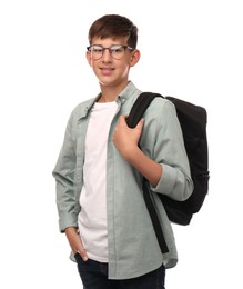 Photo of Teenage student with backpack on white background