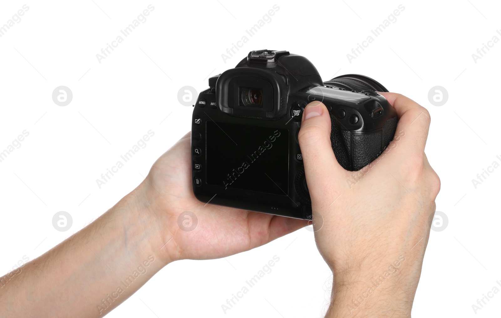 Photo of Photographer holding modern camera on white background, closeup