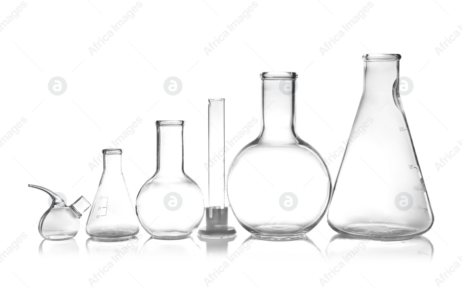 Photo of Empty laboratory glassware on table. Chemical analysis