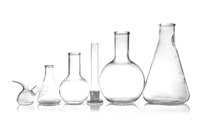 Photo of Empty laboratory glassware on table. Chemical analysis