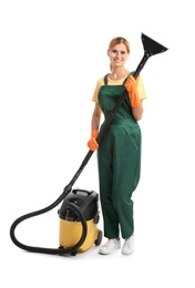 Female janitor with carpet cleaner on white background