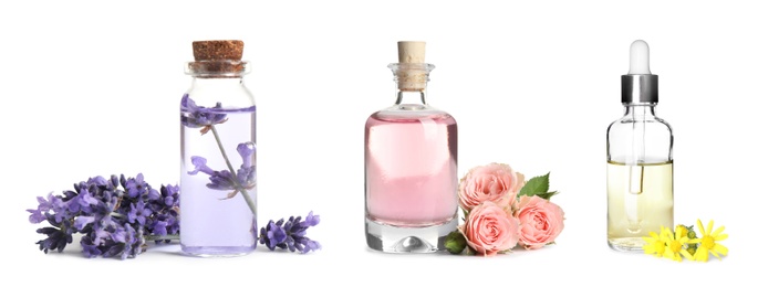 Image of Set of different essential oils for aromatherapy on white background, banner design