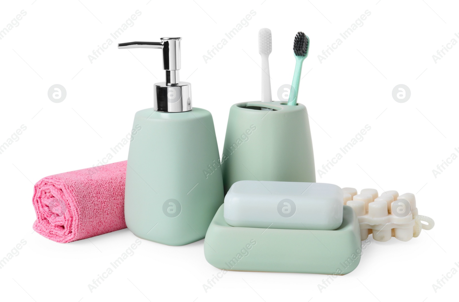 Photo of Bath accessories. Set of different personal care products isolated on white