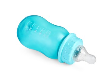 Empty turquoise feeding bottle for baby milk isolated on white