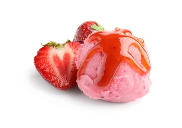 Photo of Scoop of delicious strawberry ice cream with syrup and fresh berries on white background