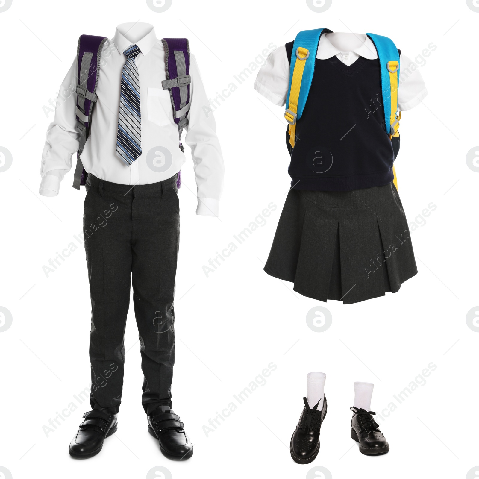 Image of School uniforms for girl and boy on white background. Banner design 