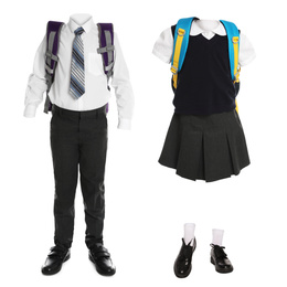 Image of School uniforms for girl and boy on white background. Banner design 