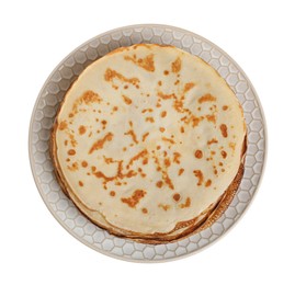 Stack of delicious crepes on plate against white background, top view