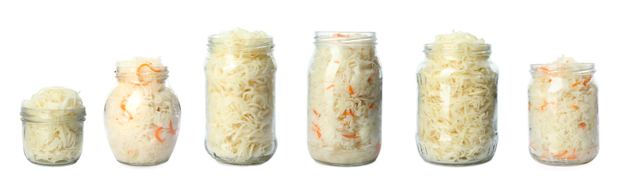 Image of Set of tasty fermented cabbage isolated on white