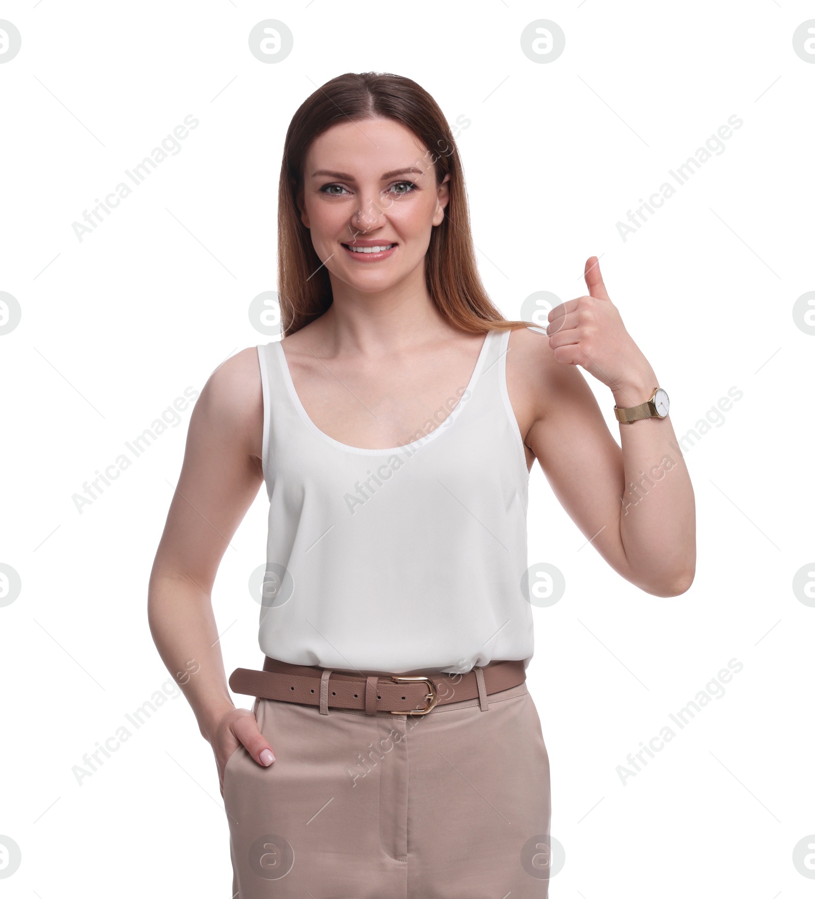 Photo of Beautiful businesswoman showing thumbs up against white background