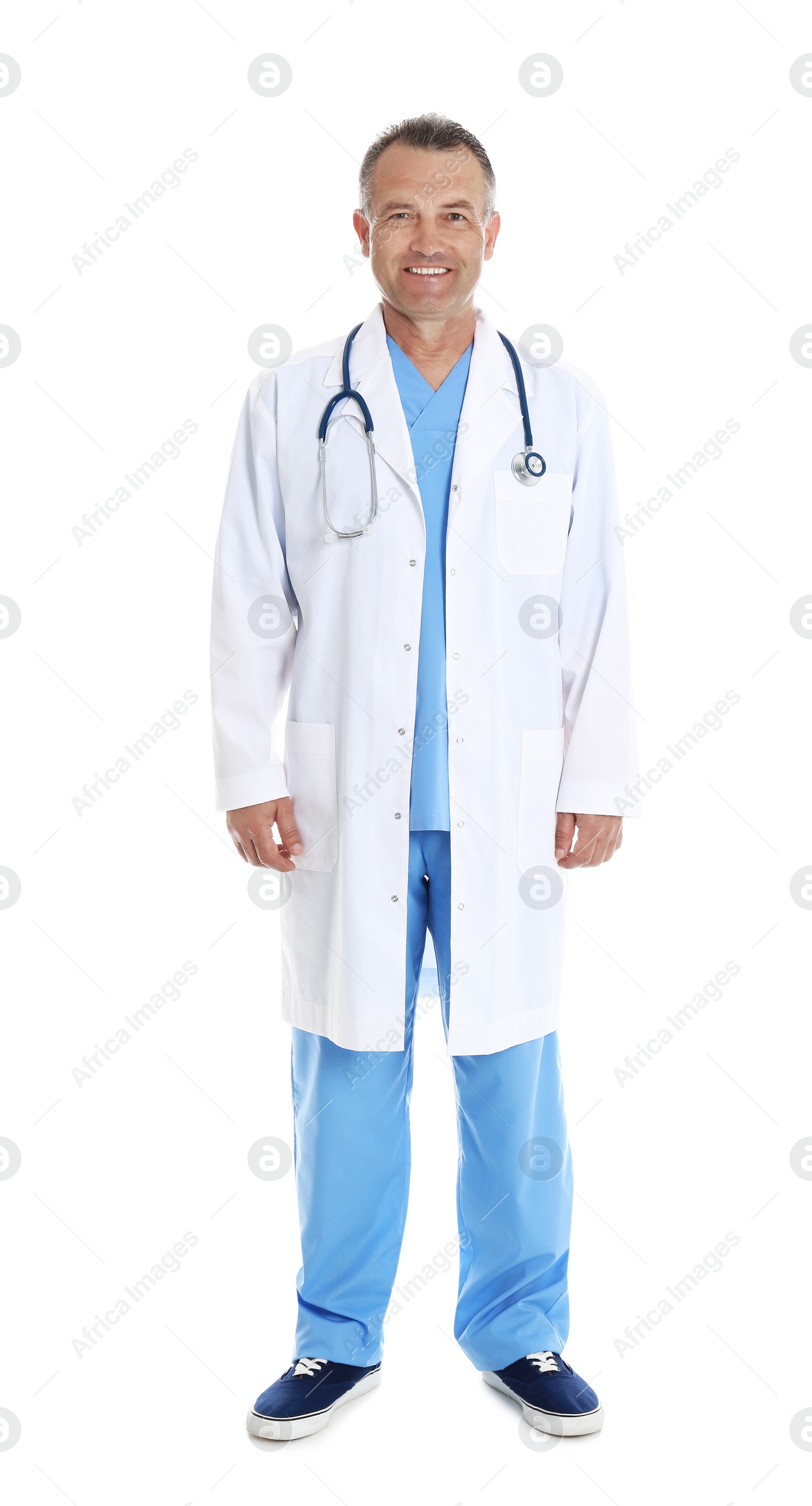 Photo of Full length portrait of experienced doctor in uniform on white background. Medical service