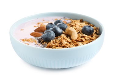 Photo of Bowl of tasty yogurt with blueberries and oatmeal on white background