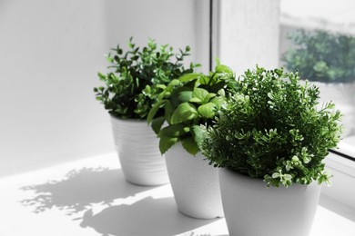 Photo of Artificial potted herbs on sunny day on windowsill indoors. Home decor