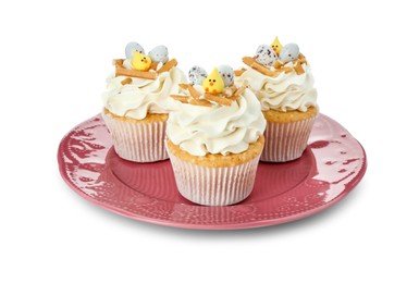 Photo of Tasty Easter cupcakes with vanilla cream isolated on white