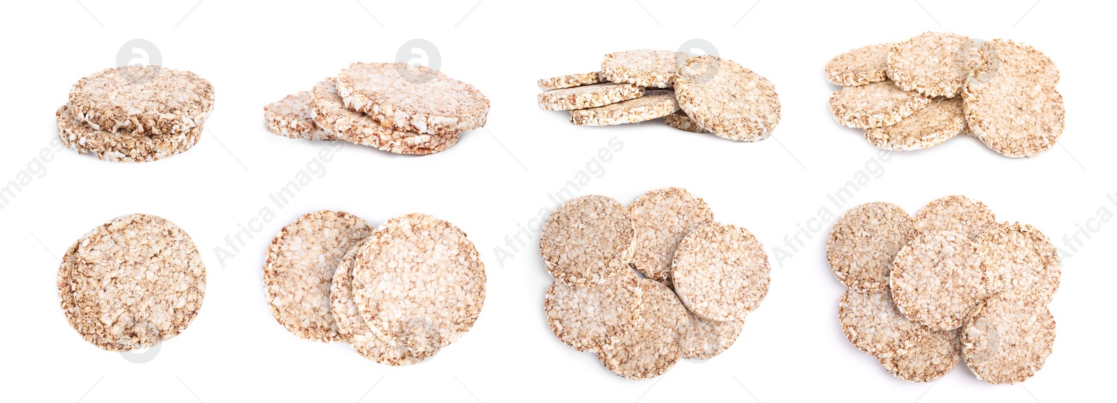 Image of Set with tasty crunchy puffed cakes on white background. Banner design