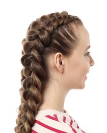 Photo of Woman with braided hair on white background