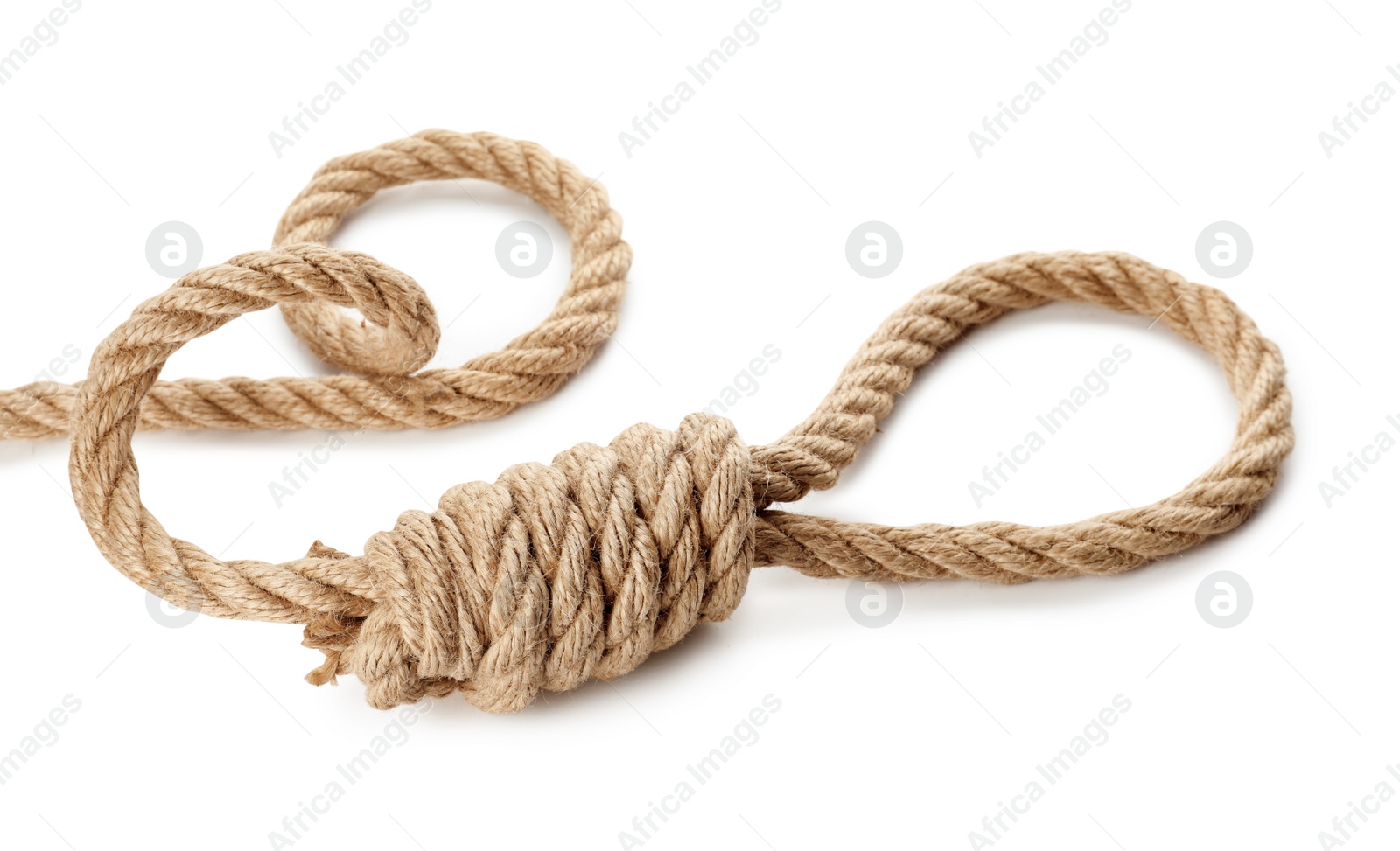 Photo of Rope noose with knot on white background