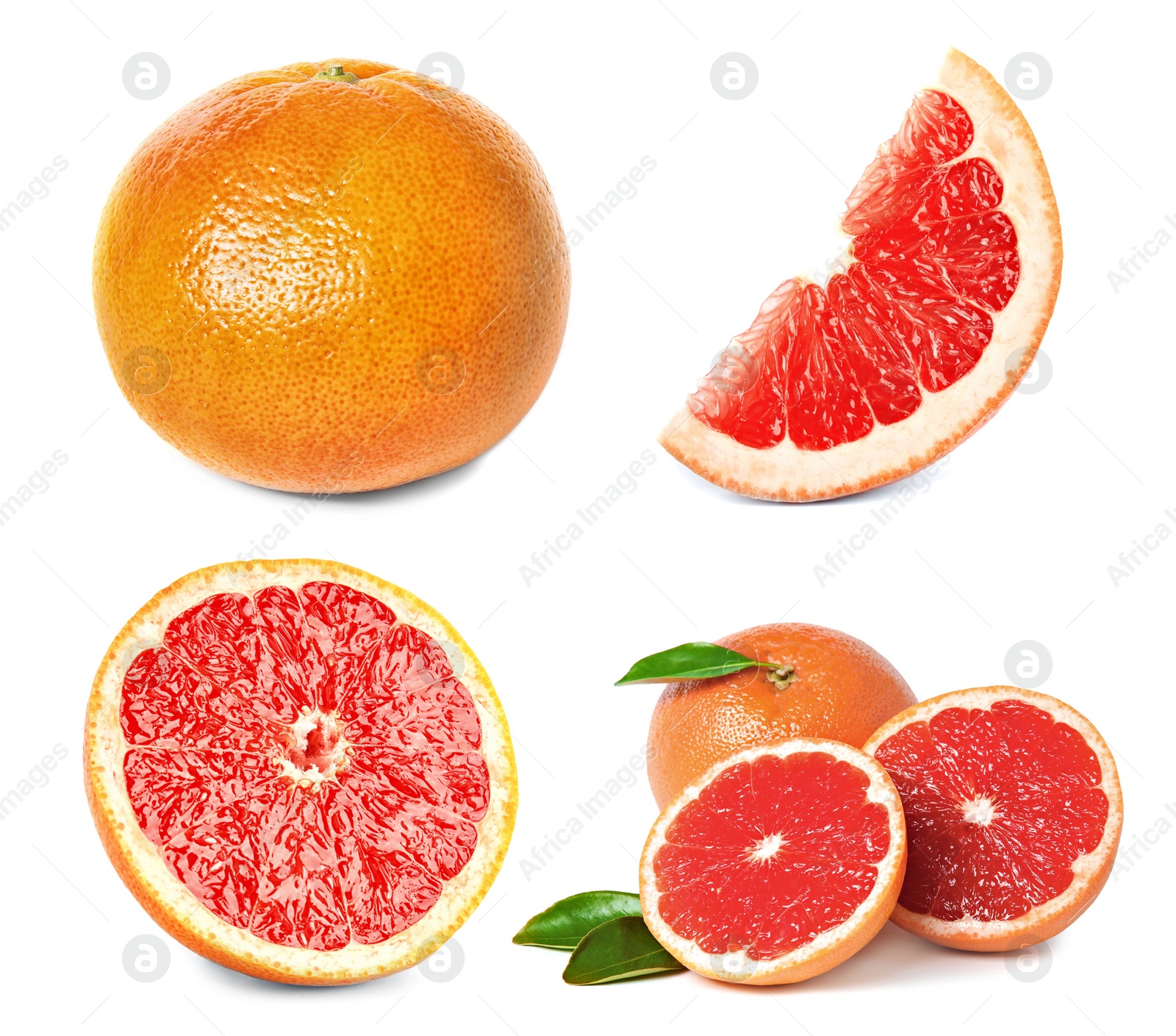 Image of Set with whole and cut ripe juicy grapefruits on white background