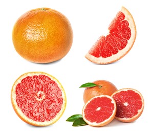 Image of Set with whole and cut ripe juicy grapefruits on white background