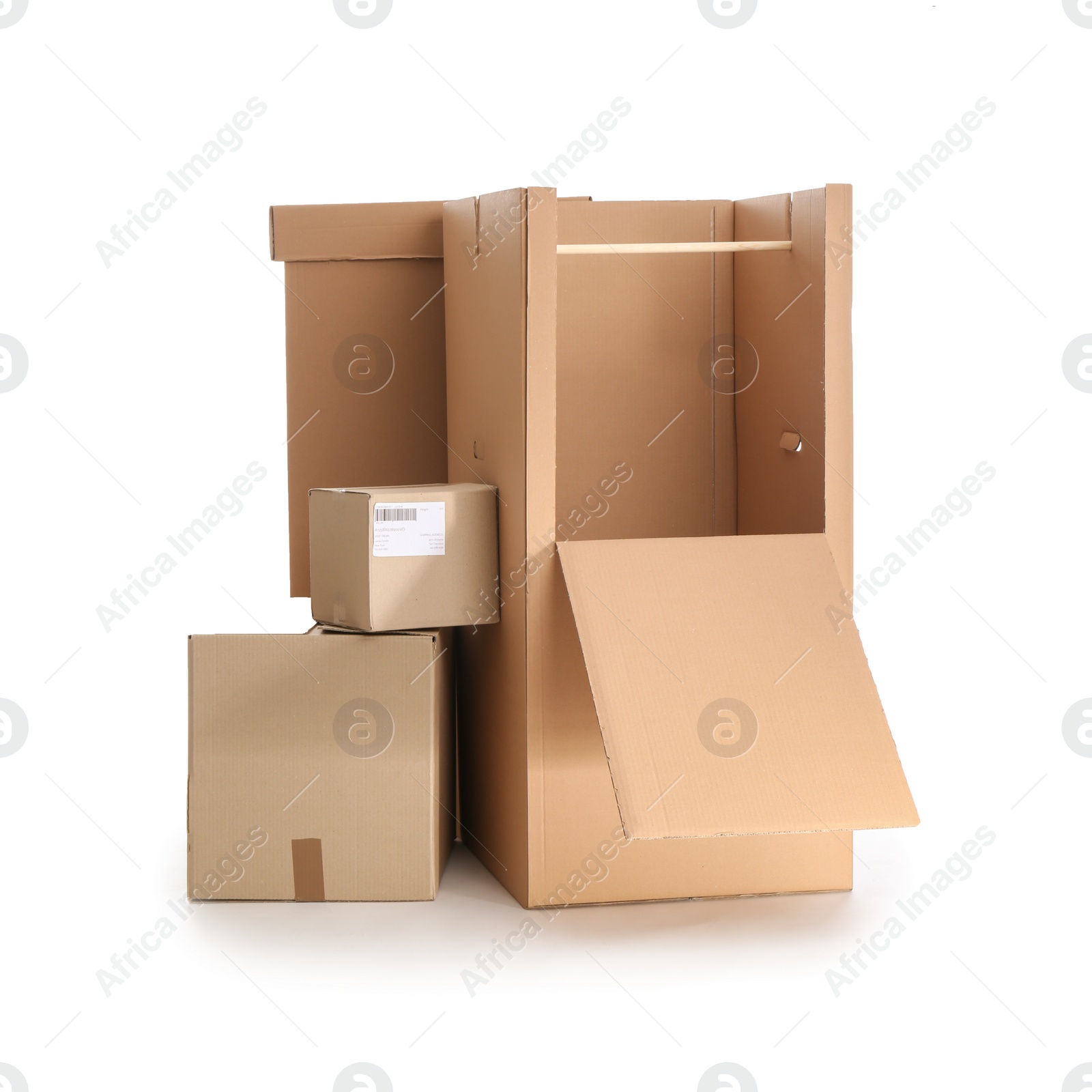 Photo of Empty cardboard wardrobe boxes on white background