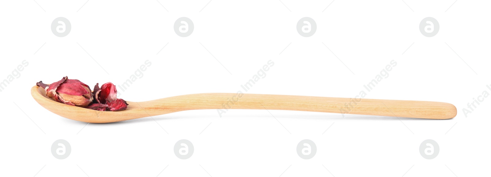 Photo of Wooden spoon of dry hibiscus tea isolated on white
