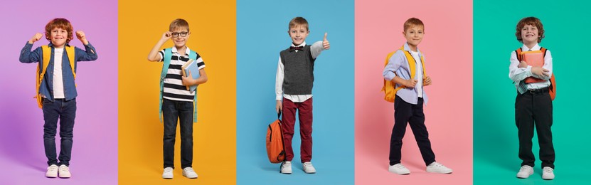 Happy schoolboys with backpacks on color backgrounds, set of photos