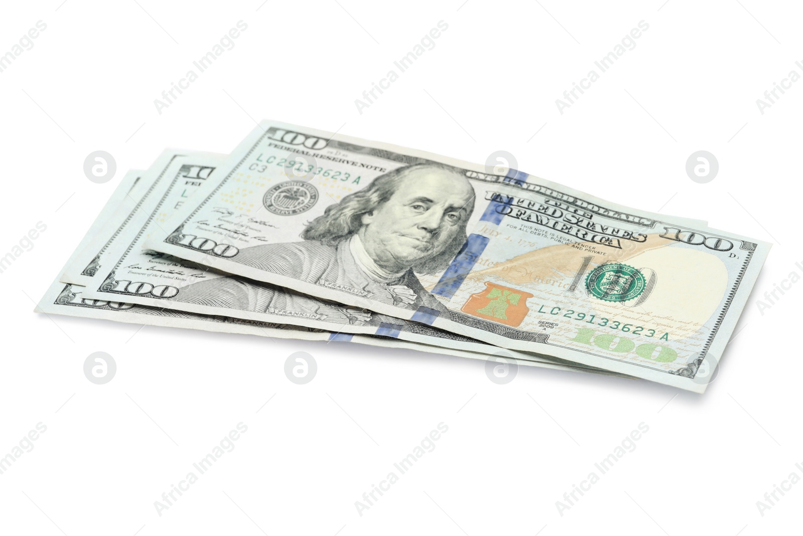 Photo of Stack of dollar banknotes on white background. American national currency