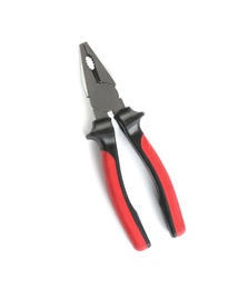 Photo of New pliers on white background, top view. Construction tools