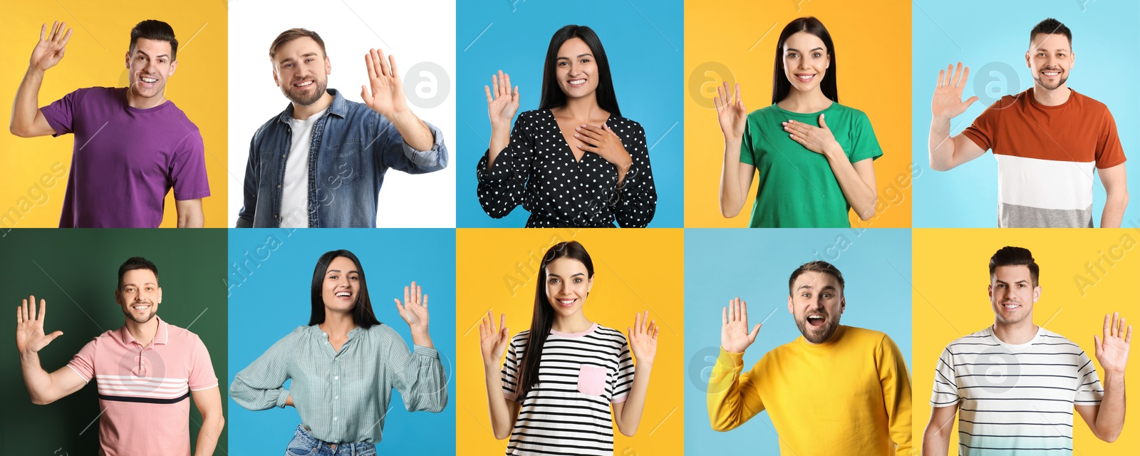 Image of Collage with photos of cheerful people showing hello gesture on different color backgrounds. Banner design