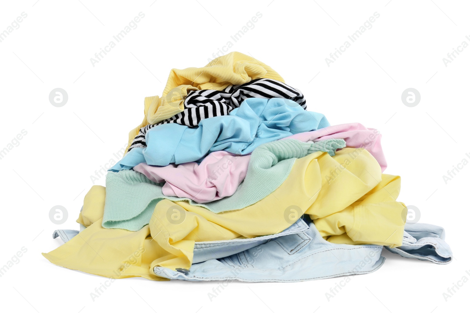 Photo of Pile of colorful clothes isolated on white