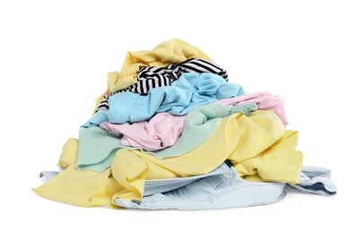 Photo of Pile of colorful clothes isolated on white