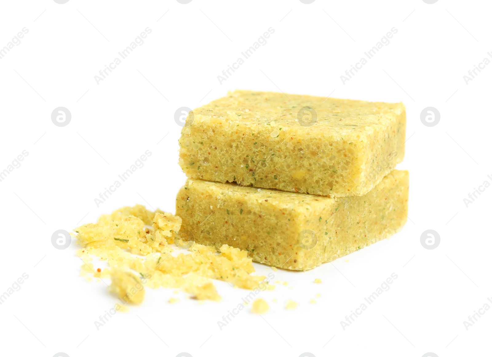 Photo of Bouillon cubes on white background. Broth concentrate