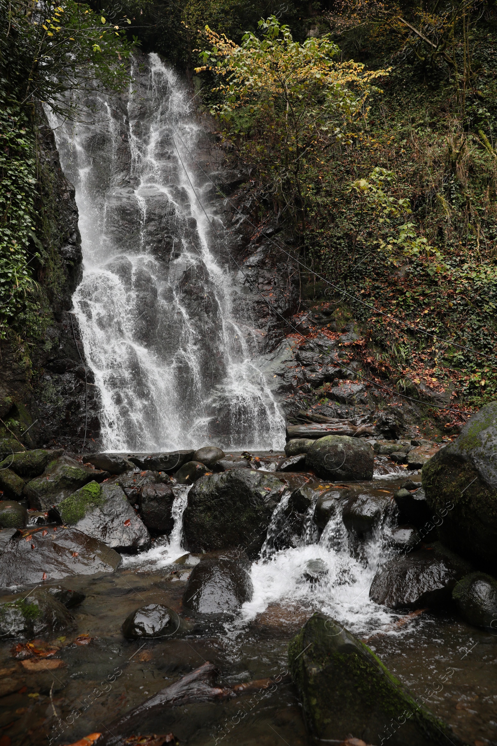 Photo of Picturesque view of beautiful mountain waterfall and rocks outdoors