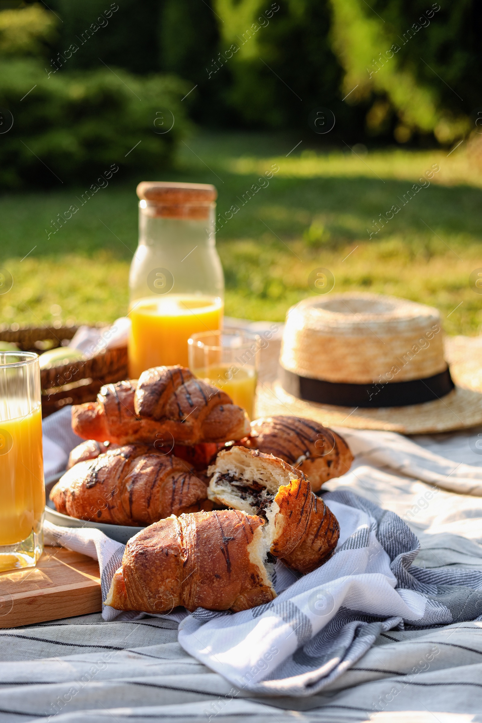 Photo of Picnic with delicious food and juice on blanket in garden