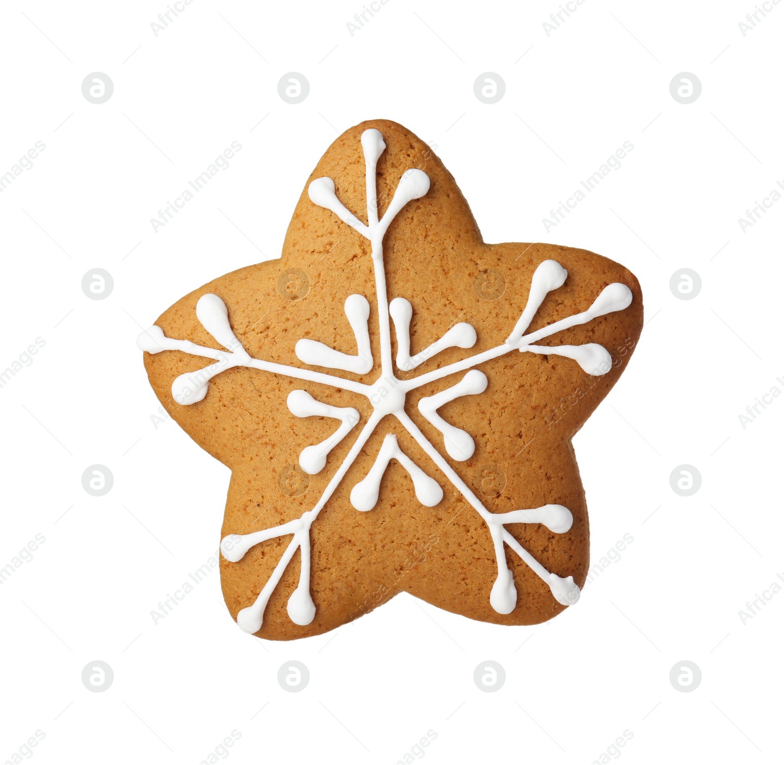 Photo of Tasty star shaped Christmas cookie with icing isolated on white