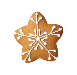 Photo of Tasty star shaped Christmas cookie with icing isolated on white