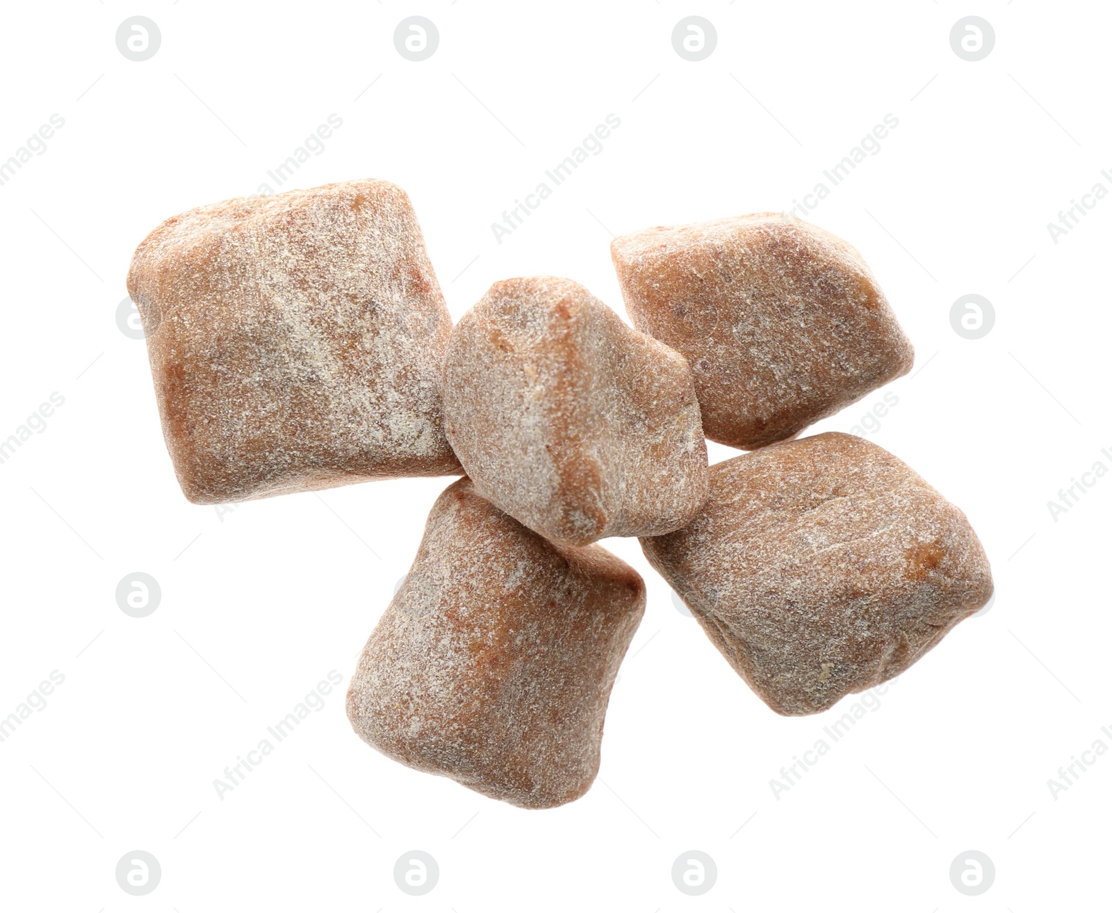 Photo of Delicious chocolate candies on white background, top view