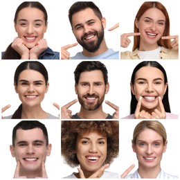 People showing white teeth on white background, collage of photos