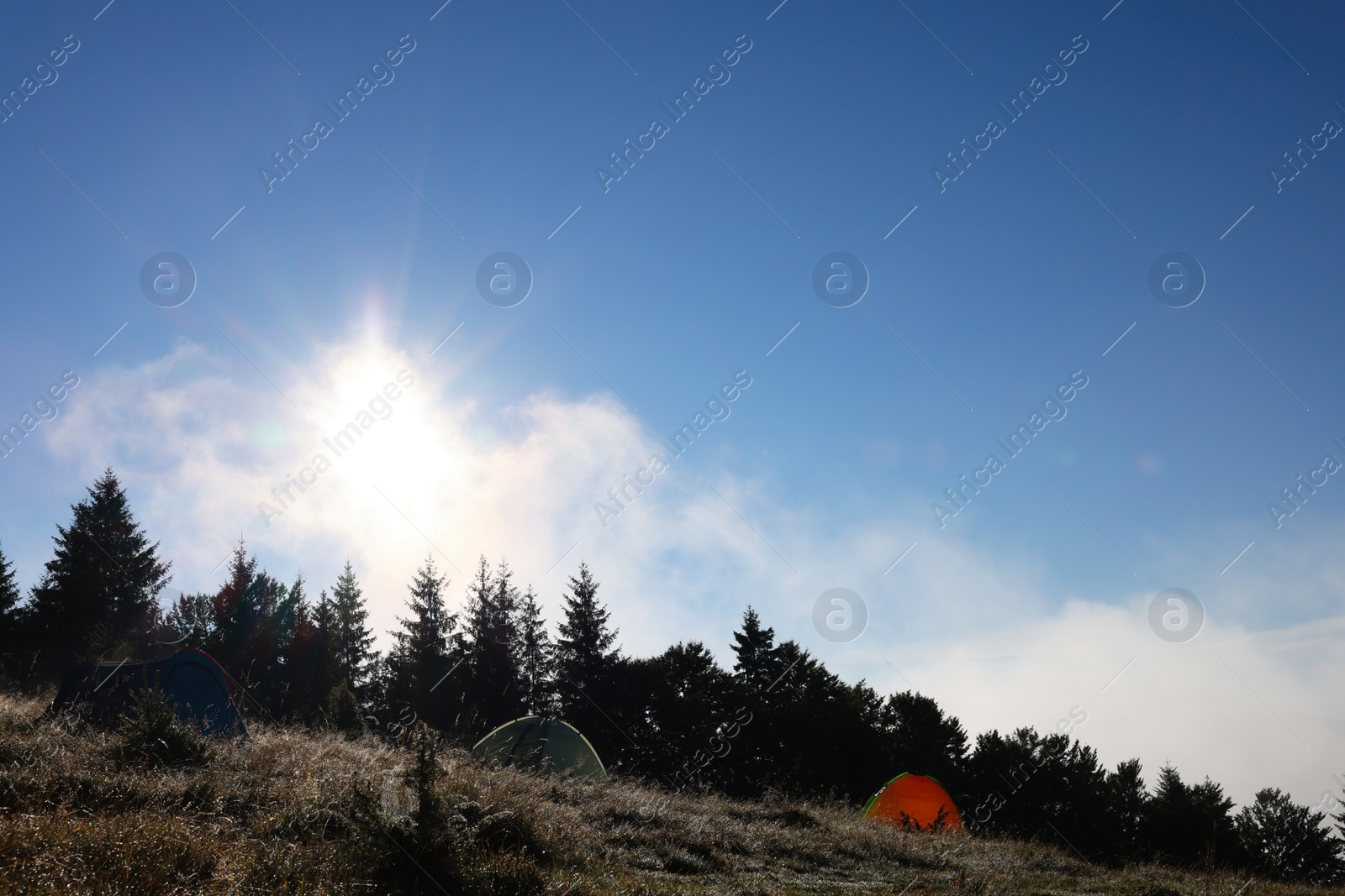 Photo of Picturesque mountain landscape with camping tents in morning. Space for text
