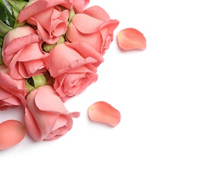 Bouquet of beautiful roses on white background